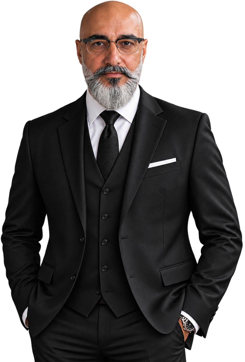 Rob Sidhu in a black three-piece suit