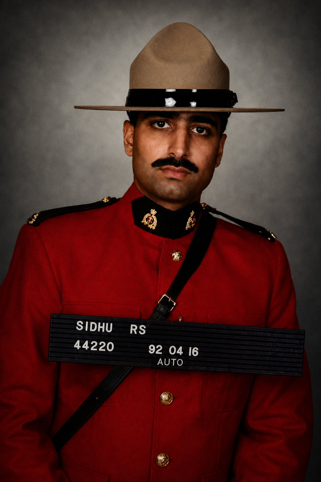 Rob Sidhu in RCMP Red Serge uniform holding an identification board